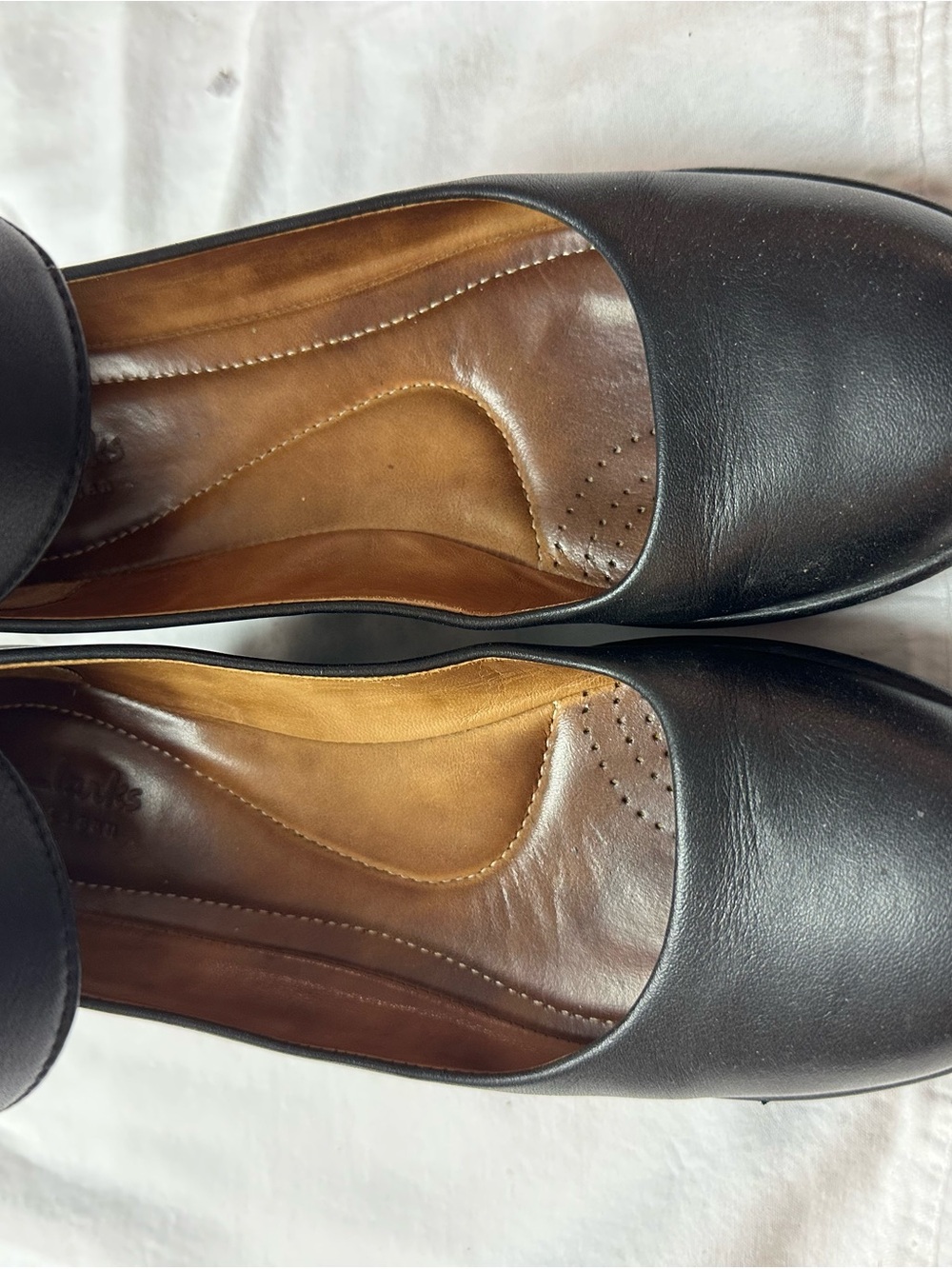Clark’s Black Leather Slip-On Wedges